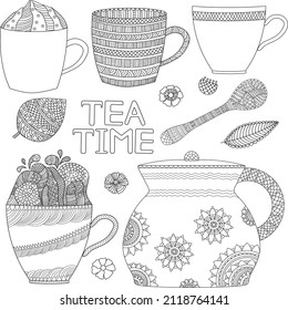Hand drawn teapot and cup collection. Doodle cups and teapots, spoon and plants, isolated on white background. Vector illustration with tea time icons.