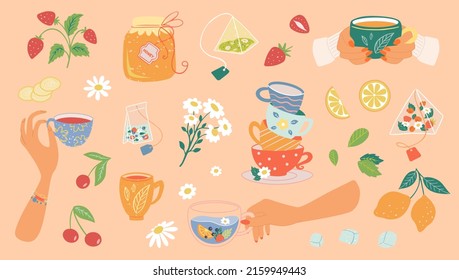Hand drawn teapot and cup collection. Vector illustration tea accessories for tea ceremony for cafe and restaurant menu design