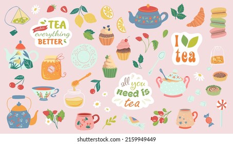 Hand drawn teapot and cup collection isolated on pink background. Vector illustration tea accessories and sweets for tea ceremony for cafe and restaurant.