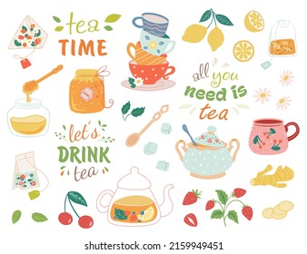 Colección de tetera y taza dibujada a mano aislada en fondo blanco. Ilustración vectorial de los iconos del tiempo del té para el diseño de cafés y menús del restaurante