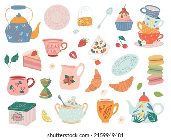 Hand drawn teapot and cup collection isolated on white background. Vector illustration tea accessories for tea ceremony for cafe and restaurant.