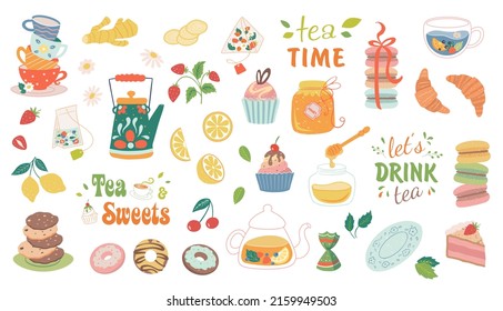 Hand drawn teapot and cup collection isolated on white background. Vector illustration tea accessories and sweets for tea ceremony for cafe and restaurant.