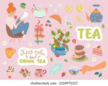 Colección de tetera y taza dibujada a mano. Tés de garabatos, tazas de café y tetera con una chica aislada en un fondo rosado. Ilustración vectorial de los iconos del tiempo del té para el diseño de cafés y menús del restaurante