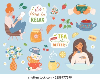 Hand drawn teapot and cup collection with girl isolated on blue background. Vector illustration on tea time icons for cafe and restaurant menu design