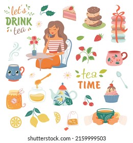 Hand drawn teapot and cup collection. Doodle tea cups, coffee cups and teapots with girl isolated on white background. Vector illustration on tea time icons for cafe and restaurant menu design