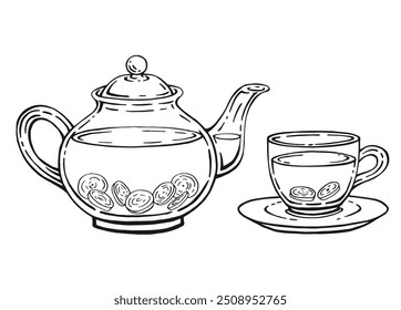 Tetera dibujada a mano, taza, jengibre. Ilustración vectorial en estilo de contorno.