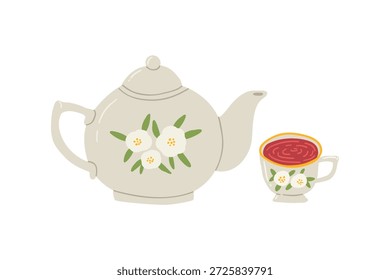 Tetera dibujada a mano con una taza de té caliente. Color simple doodle ilustración de la comida. Té caliente, té inglés.