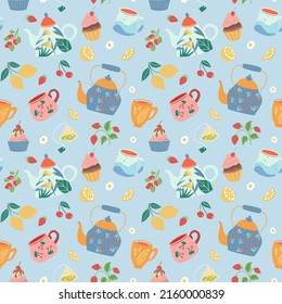 Hand drawn teapot and cup pattern on blue background. Vector illustration on tea time icons for cafe and restaurant menu design