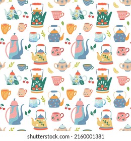 Hand drawn teapot and cup pattern on white background. Vector illustration on tea time icons for cafe and restaurant menu design