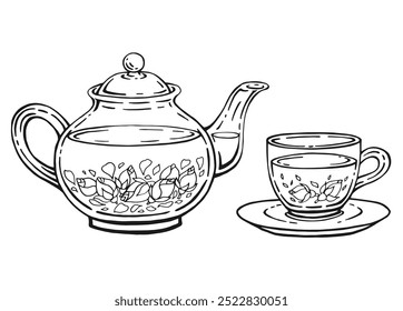Hand drawn teapot, cup, rose. Vector illustration in outline style.