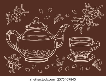 Hand drawn teapot, cup, sea buckthorn. Vector illustration in outline style.