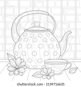 Hand drawn teapot, cup of tea flowers and leaves, wooden table, wallpaper. Kitchen, illustration on a white isolated background. For coloring book pages.