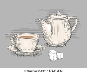 Hand drawn teapot with cup of tea isolated on gray background