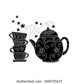 Hand drawn of Teapot and cups.