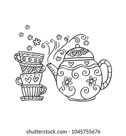 Hand drawn of Teapot and cups.