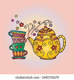 Hand drawn of Teapot and cups.