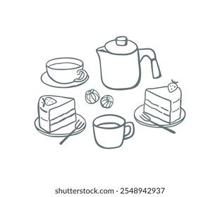 Hand drawn teapot, cups and cake