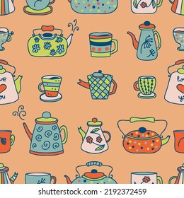 Hand drawn teapot, cups and mugs seamless pattern. Perfect print for tee, towel, textile and fabric. Flat vector illustration for decor and design.