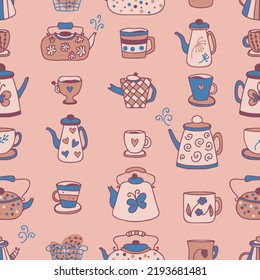 Hand drawn teapot, cups and mugs cozy seamless pattern. Perfect print for stationery, dishcloth, towel, textile and fabric. Flat vector illustration for decor and design.



