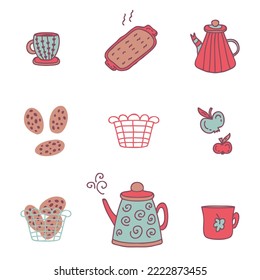 Hand drawn teapot, cups and pastry hygge collection. Perfect for stationery, dishcloth, towel, poster and print. Flat vector illustration isolated on white background.


