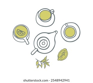 Hand drawn teapot and cups with tea and lemon