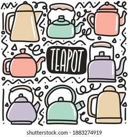 conjunto de doodle de tetera dibujado a mano con iconos y elementos de diseño
