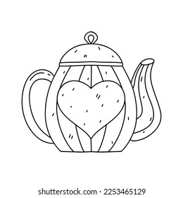 Hand drawn teapot with heart in doodle style. Vector illustration isolated on a white background. Tea ceremony.