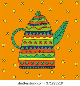 Hand drawn teapot for herbal tea with bright ethnic ornaments on an orange background. Vector illustration