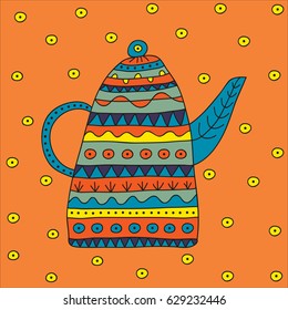 Hand drawn teapot for herbal tea with bright ethnic ornaments on an orange background. Vector illustration