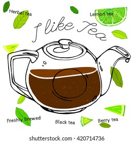 Hand drawn tea-pot image in artistic style. Vector editable illustration on a textured dark gray background. White round ceramic teapot. Menu element for cafe or restaurant. I like tea concept.