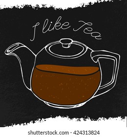 Hand drawn tea-pot image in artistic style. Vector editable illustration on a textured dark gray background. White round ceramic teapot. Menu element for cafe or restaurant
