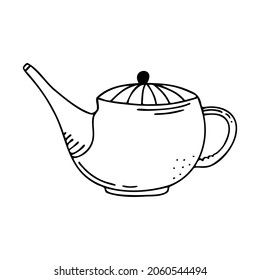 Hand drawn teapot, kitchen utensils isolated on a white background. Doodle, simple outline illustration. It can be used for decoration of textile, paper and other surfaces.