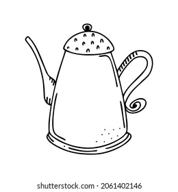 Tetera dibujada a mano, utensilios de cocina aislados en un fondo blanco. Doodle, simple ilustración de contorno. Se puede utilizar para la decoración de textiles, papel y otras superficies.