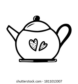 Hand drawn teapot on a white isolated background. Elements of kitchen utensils. Doodle, simple outline illustration. It can be used for decoration of textile, paper and other surfaces.