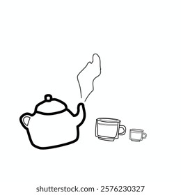 Hand drawn teapot with spout and heart steam. Cup and teapot. Vector illustration. Kitchen utensils doodle illustration