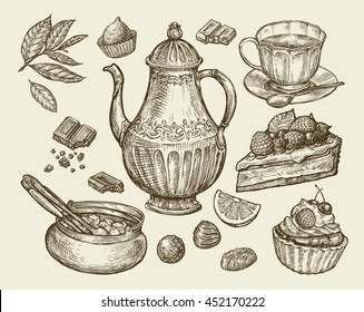 Hand drawn teapot, tea cup, cake, cupcake, sugar bowl. Vector illustration