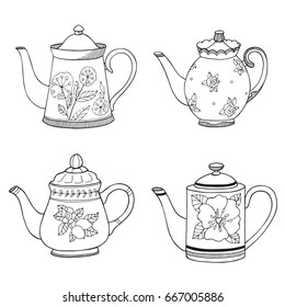 Hand drawn teapots collection. Doodle teapots and coffee kettles isolated on white background. Vector illustration on tea time icons for cafe and restaurant menu design. - Shutterstock ID 667005886