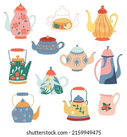 Hand drawn teapots collection isolated on white background. Vector illustration tea accessories for tea ceremony for cafe and restaurant.
