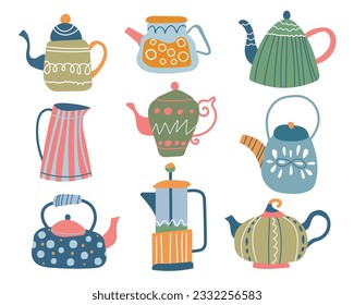 Hand drawn teapots collection on white background.Vector cute illustration. Isolated kettle, illustration for logo, cafe menu, banner, flayer in  doodle style. 