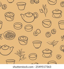 Hand drawn teapots, cups and different types of tea seamless pattern