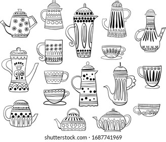 Hand drawn teapots and cups, vector illustrations 