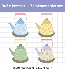 Hand drawn teapots set. Cute kettles with ornaments. Suitable for flat design graphic illustration, clip art,  posters, stickers, cards, etc