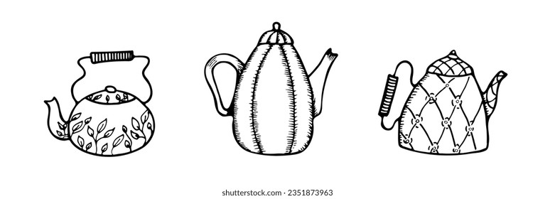 Hand drawn teapots set. Doodle style teapots and coffee kettles isolated on white background. Vector illustration on tea time icons for cafe and restaurant menu design.