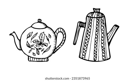 Handgezeichneter Teelöffel-Set. Teppiche im Doodle-Stil und Kaffeekessel einzeln auf weißem Hintergrund. Vektorgrafik auf Teezeitsymbolen für Café- und Restaurantmenüs.