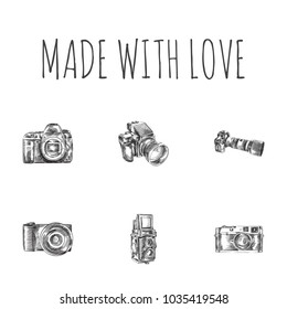 Hand drawn technics sketches set. Collection of apparatus front, vintage, dslr and other sketch elements.
