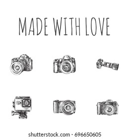 Hand Drawn Technics Sketches Set. Collection Of Camera, Dslr Perspective, Dslr And Other Sketch Elements.