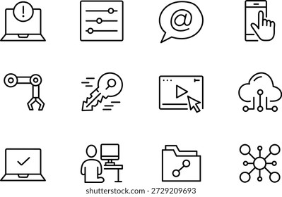 Automatización de tecnología dibujada a mano y conjunto de iconos de esquema de interacción digital para sistemas comerciales modernos