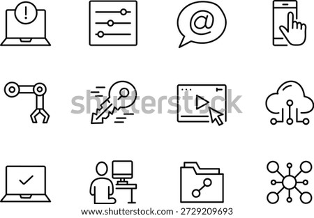 Hand drawn technology automation and digital interaction outline icon set for modern business systems