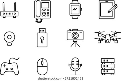 Hand Drawn Technology Communication Device Line Icon Set