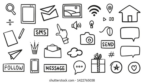 Hand drawn technology elements on isolated white background. Simple things. Set of different symbols. Black and white illustration. Doodles for your design
